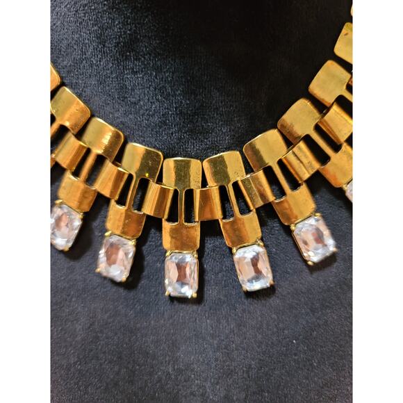 Women's Gold Tone Statement Necklace With Clear Rectangular Crystals By Qian Kuo - Picture 3 of 8